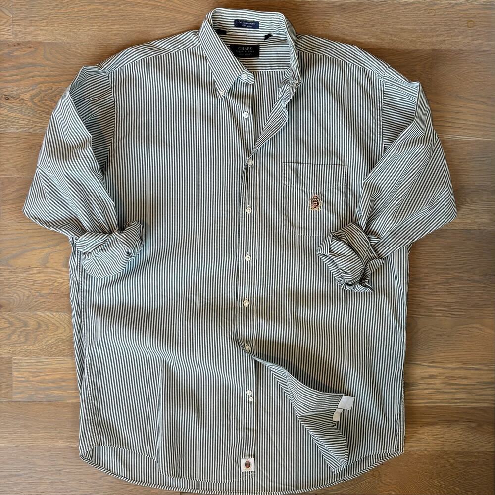 VTG Y2K Chaps Ralph Lauren Dress Shirt Pinstripes Crest Logo Men Size 16.5 34/35